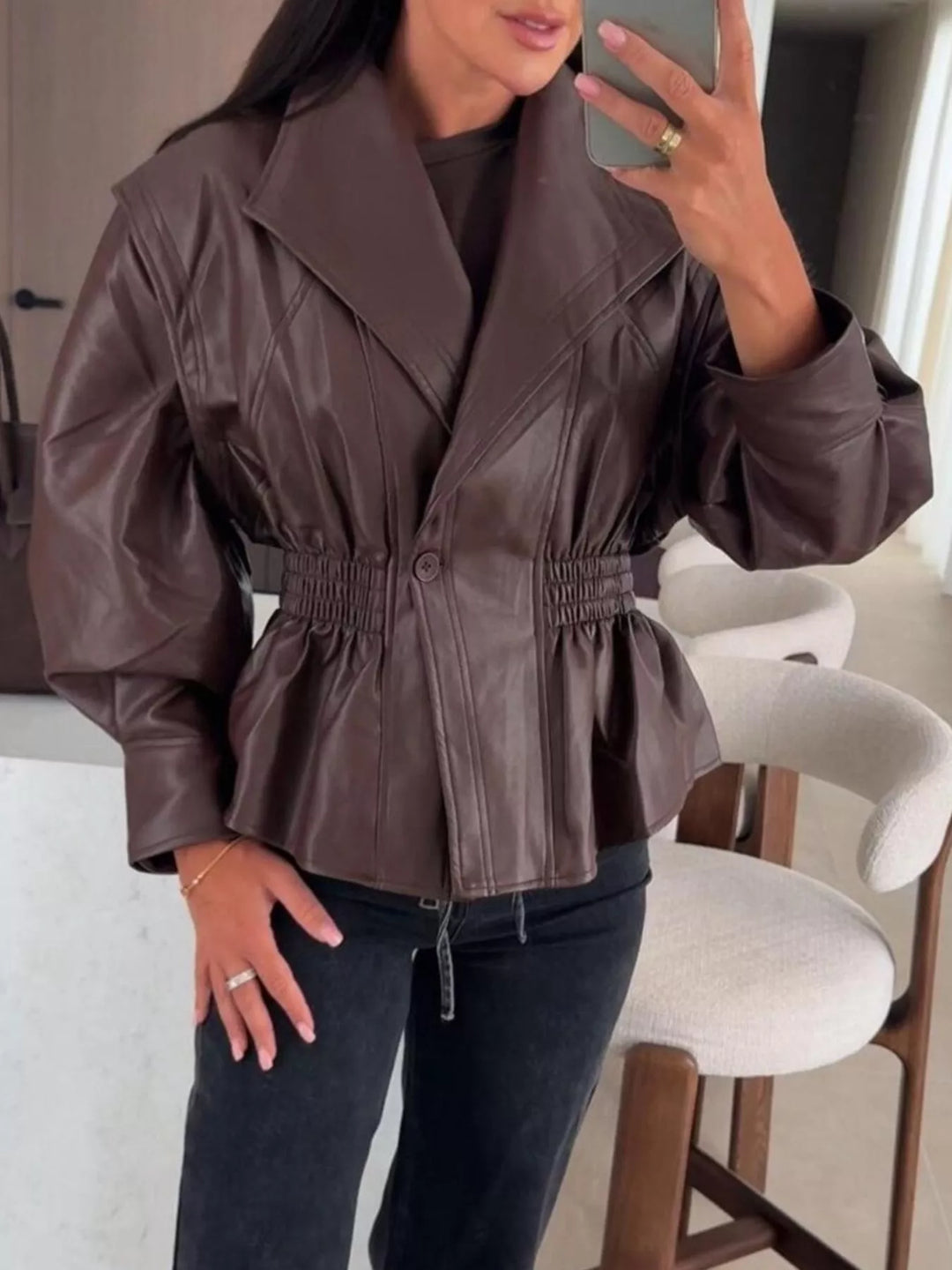 Faux leather peplum jacket with ruched waist