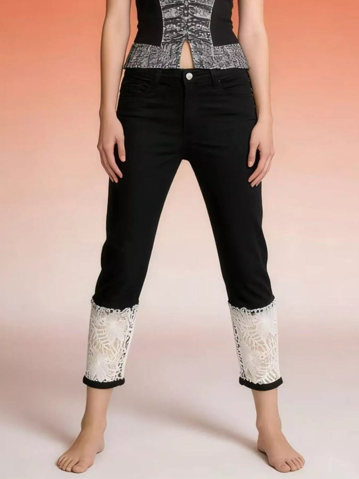 Black Lace-trim capri jeans with slim mid-rise stretch fit