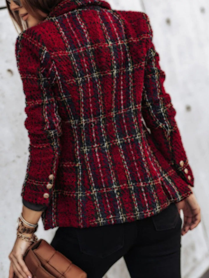 Plaid tweed double-breasted blazer with gold buttons - Burgundy