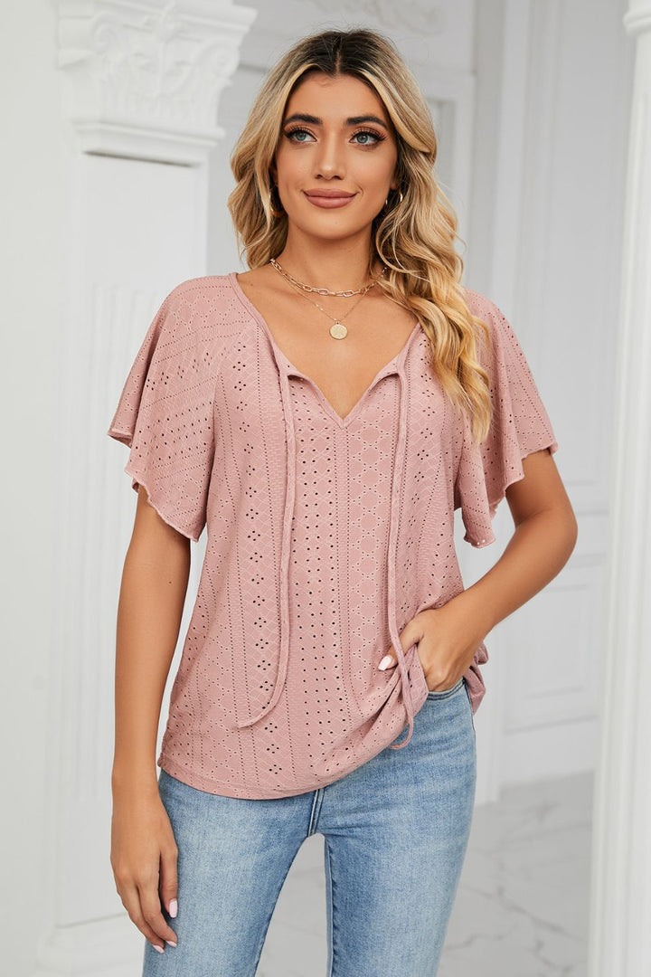 Pink Eyelet flutter sleeve top with V-neck tie