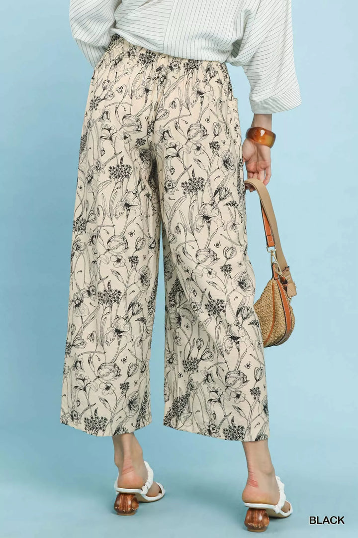 Wide-leg floral print pants with pleated elastic waist