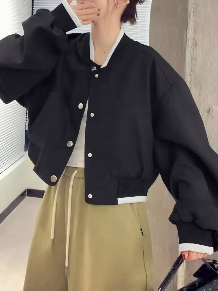 Black Cropped bomber jacket with snap front and ribbed contrast trim