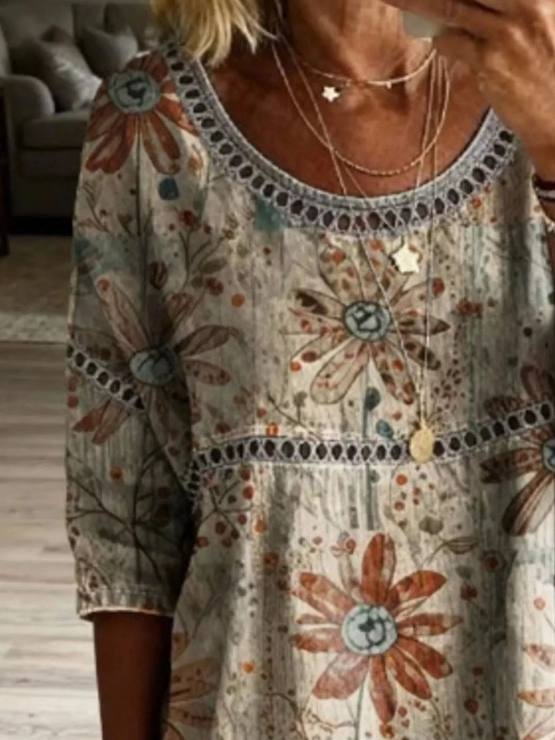 Floral print crochet-trim tunic top with 3/4 sleeves