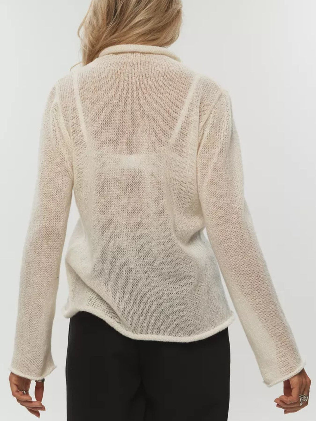 Sheer open-knit mock neck sweater with long sleeves
