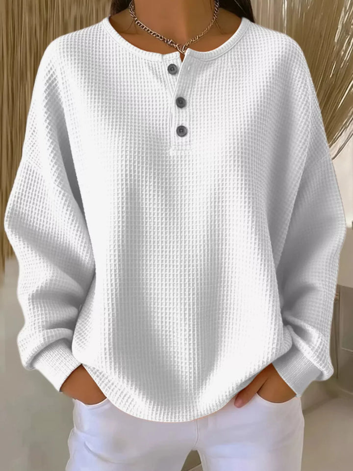 Gray/white Waffle knit henley top with button placket and long sleeves