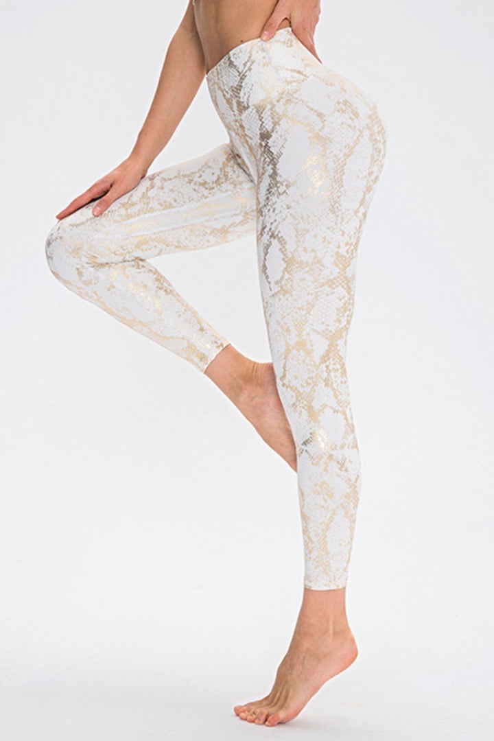 Metallic snakeskin print wide waistband workout leggings