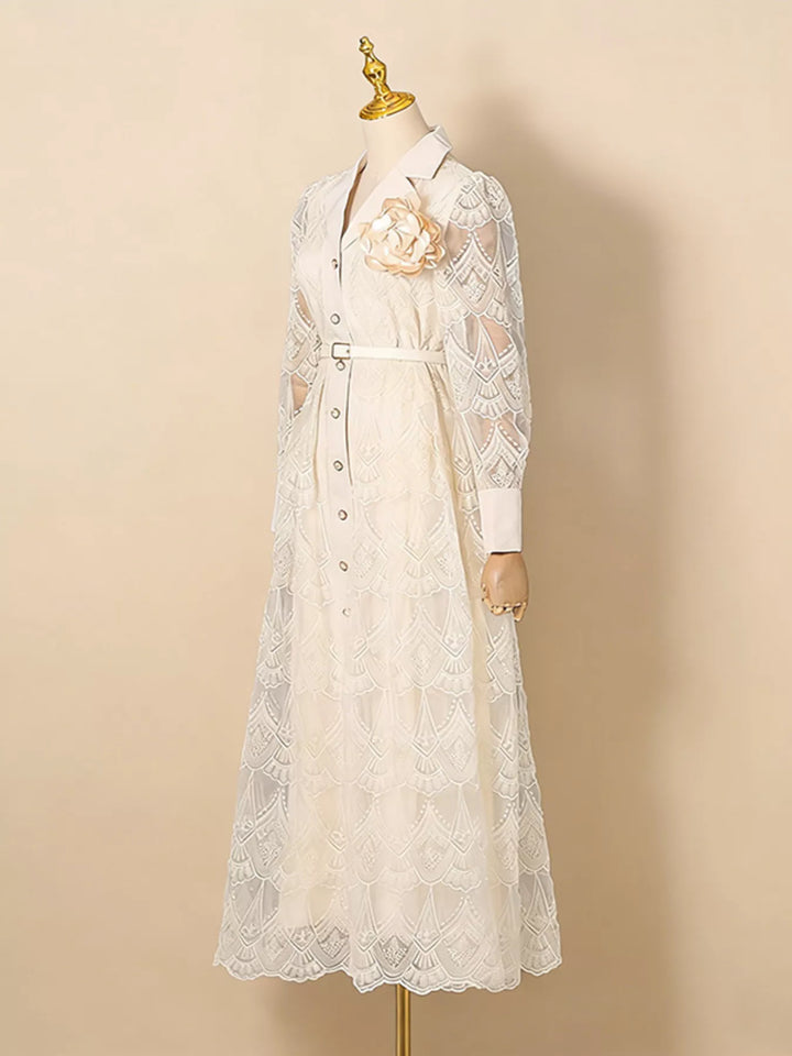 Belted lace button-front midi dress with notched collar