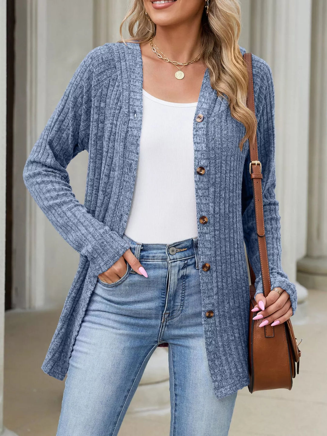 Ribbed knit hooded cardigan with tortoise buttons