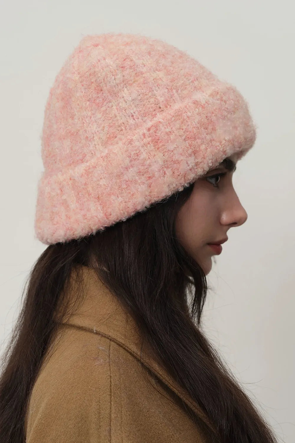 Fuzzy brushed knit cuffed beanie with slouchy crown