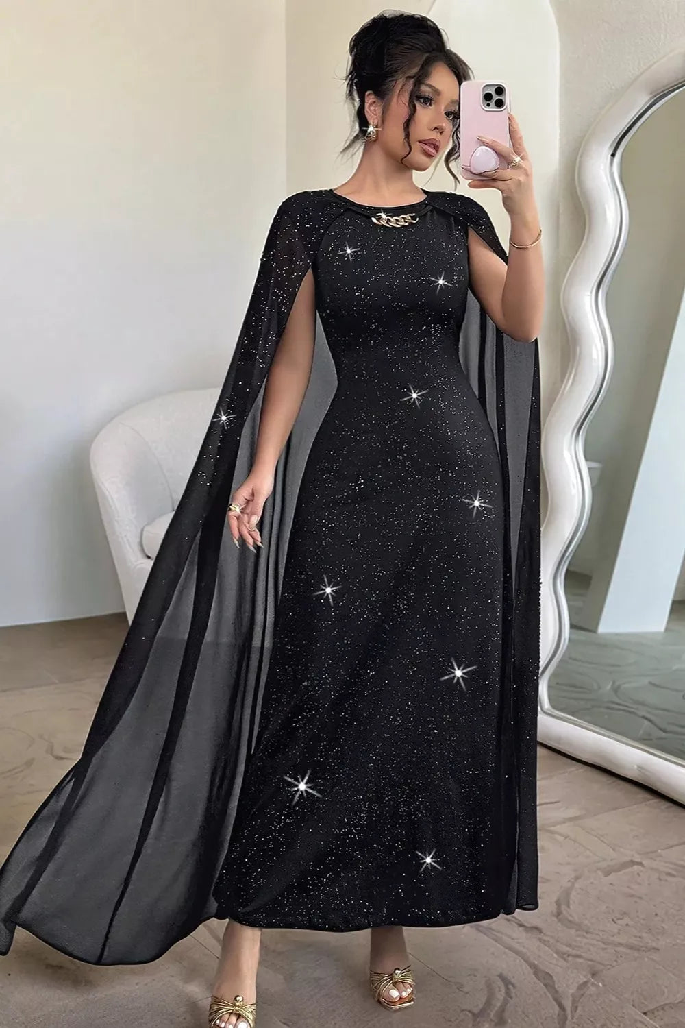 Black Glitter cape-sleeve maxi dress with chain neckline detail