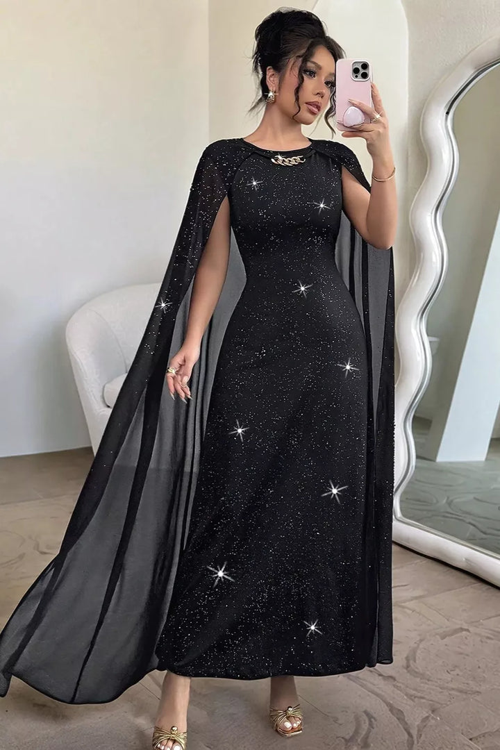 Black Glitter cape-sleeve maxi dress with chain neckline detail