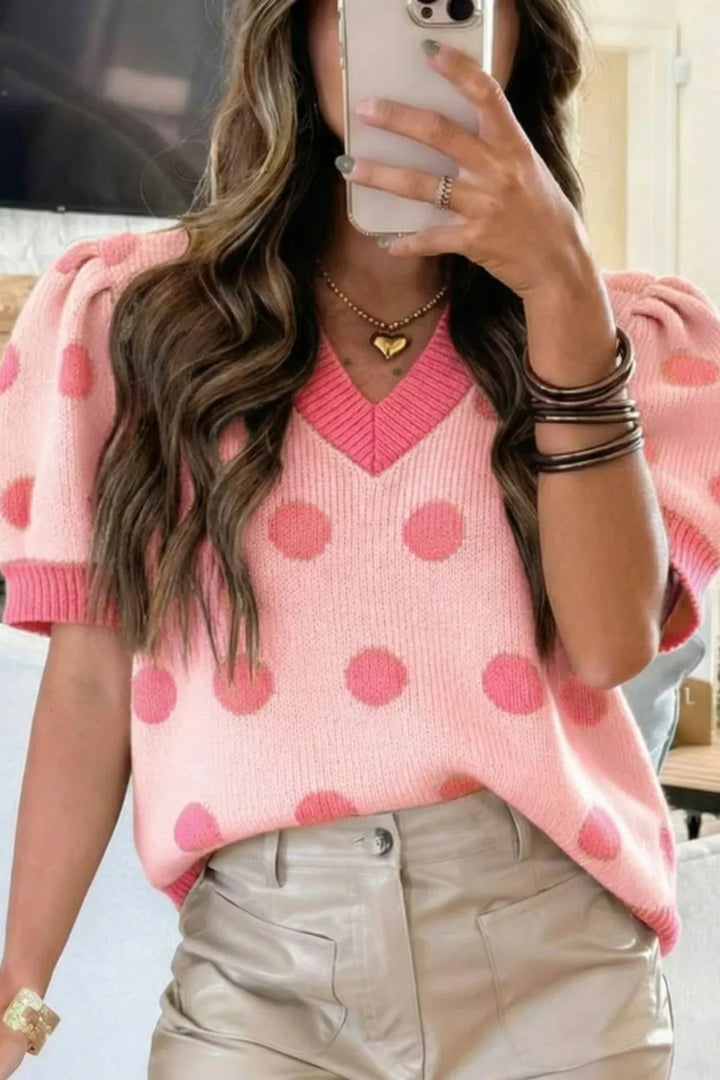 Polka dot puff sleeve v-neck knit sweater top