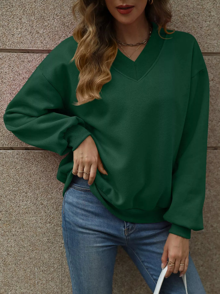 Dark Green V-neck drop-shoulder pullover sweatshirt with ribbed trim