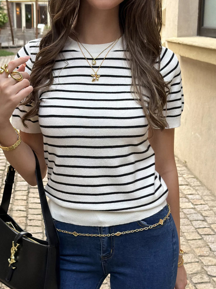 Striped short sleeve knit top with ribbed crew neck