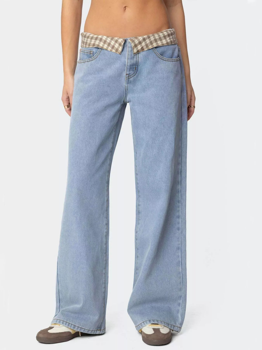 Low rise wide leg jeans with plaid fold-over waistband
