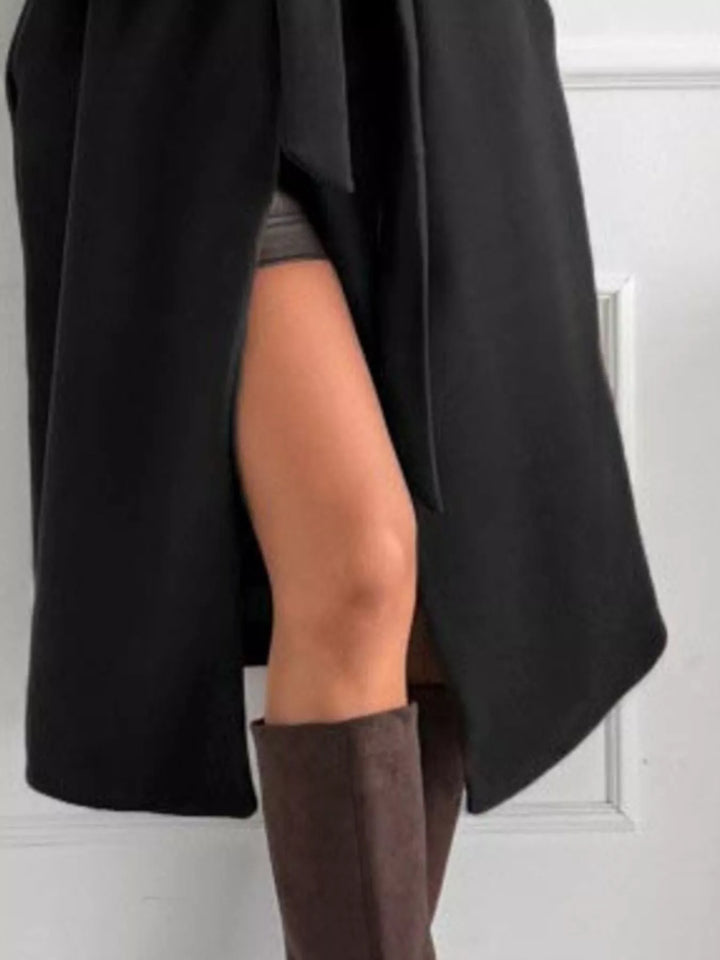 Tie-waist longline coat with notched lapel collar