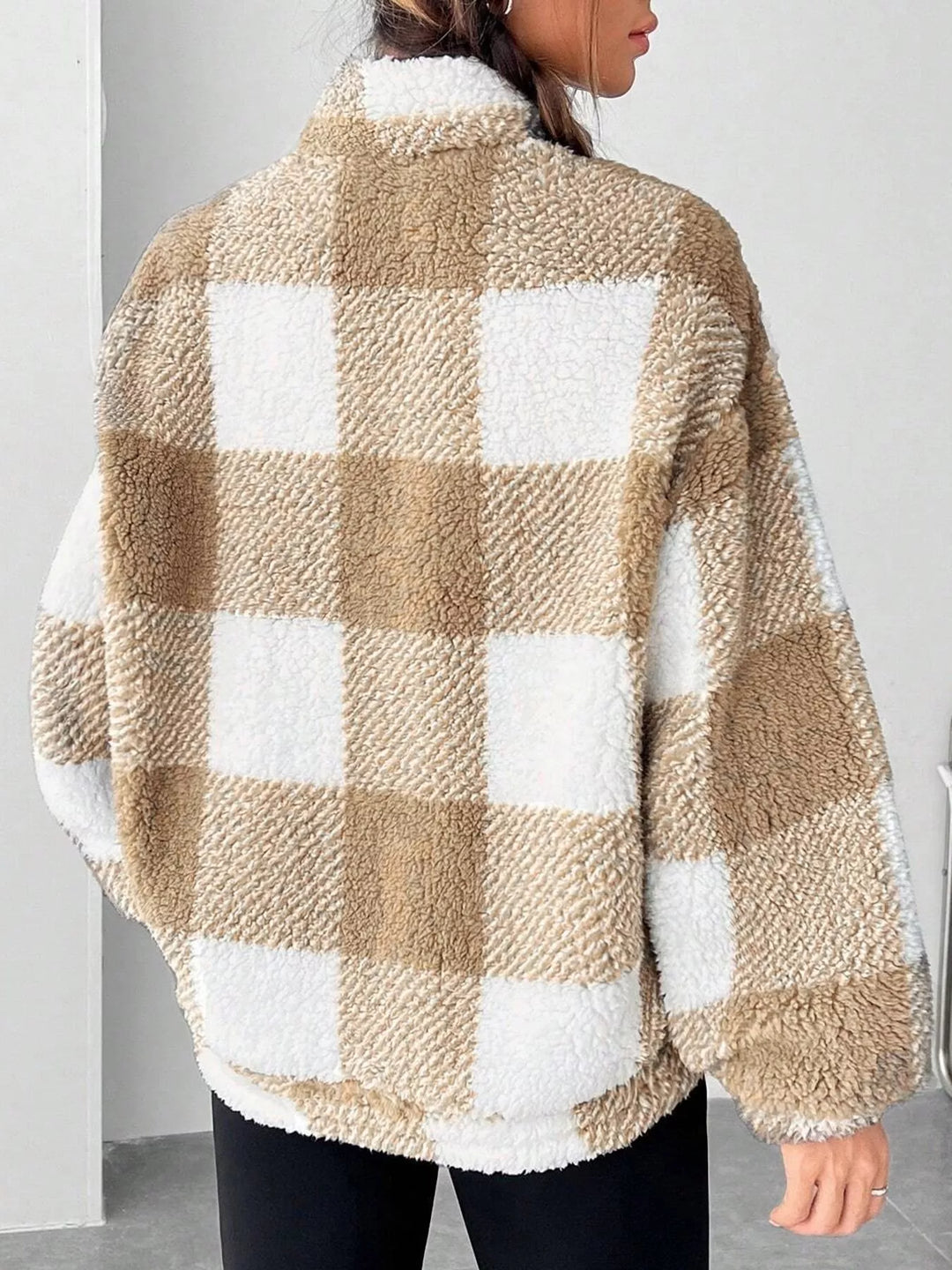 Plaid sherpa quarter-zip pullover with front pocket
