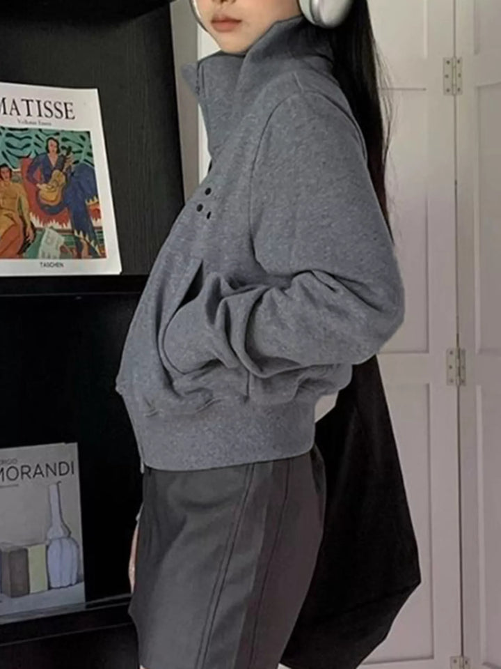 Cropped stand-collar zip-up jacket with two-way zipper