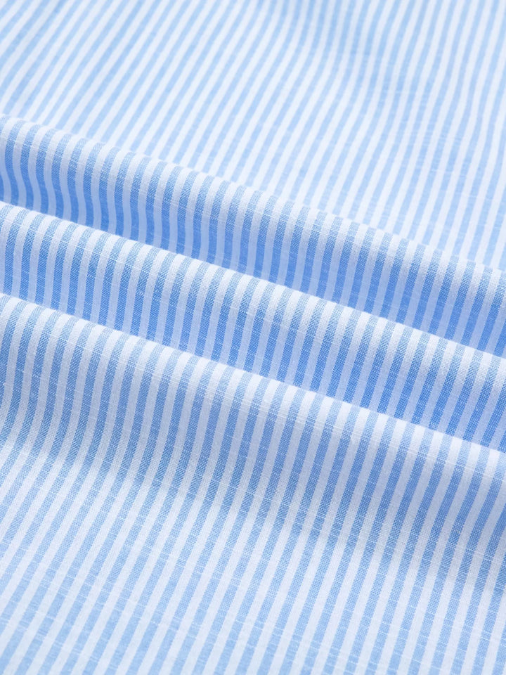 Striped short-sleeve button-down with leopard collar and cuffs