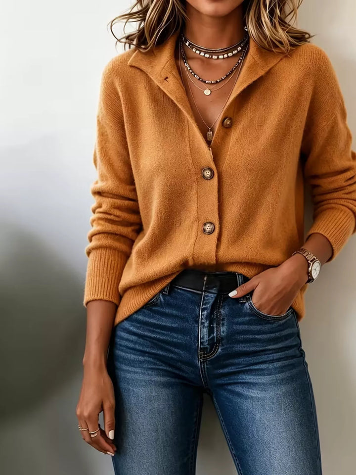 Collared button-front knit cardigan with ribbed cuffs