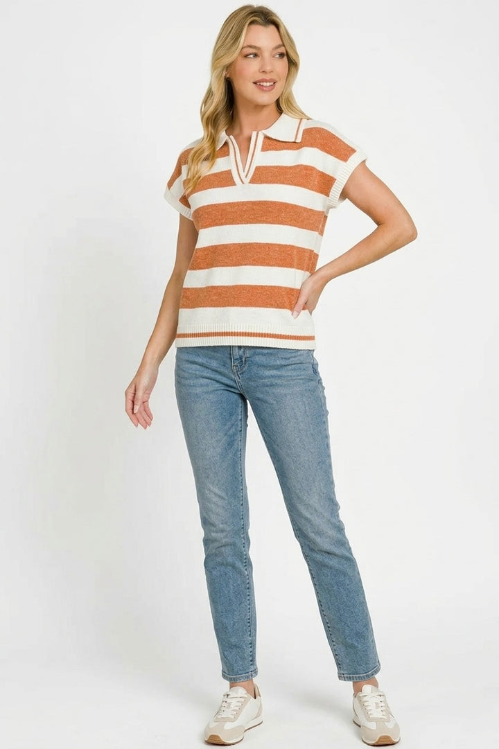 Striped short sleeve collared knit sweater