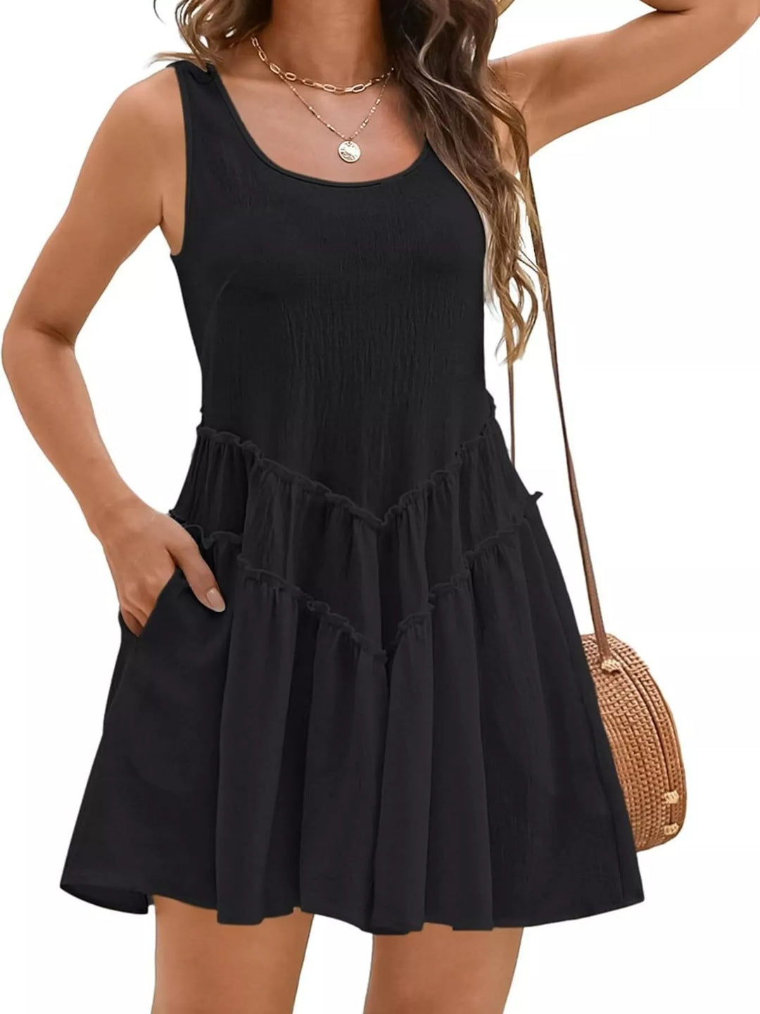 Black Tiered ruffle sleeveless mini dress with pockets