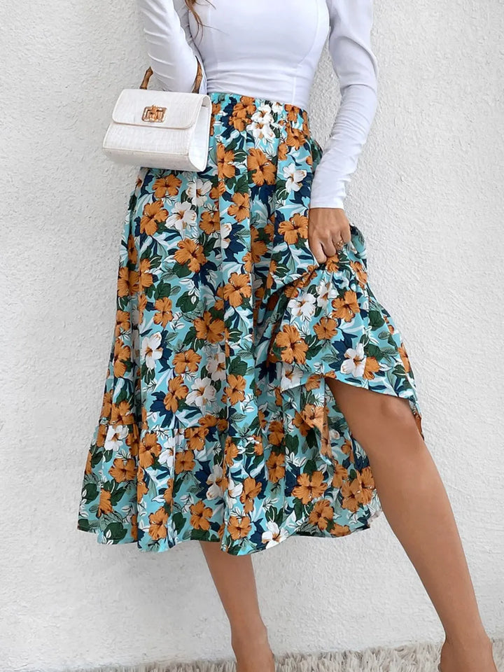 Flared ruffle-tier midi skirt with elastic waist