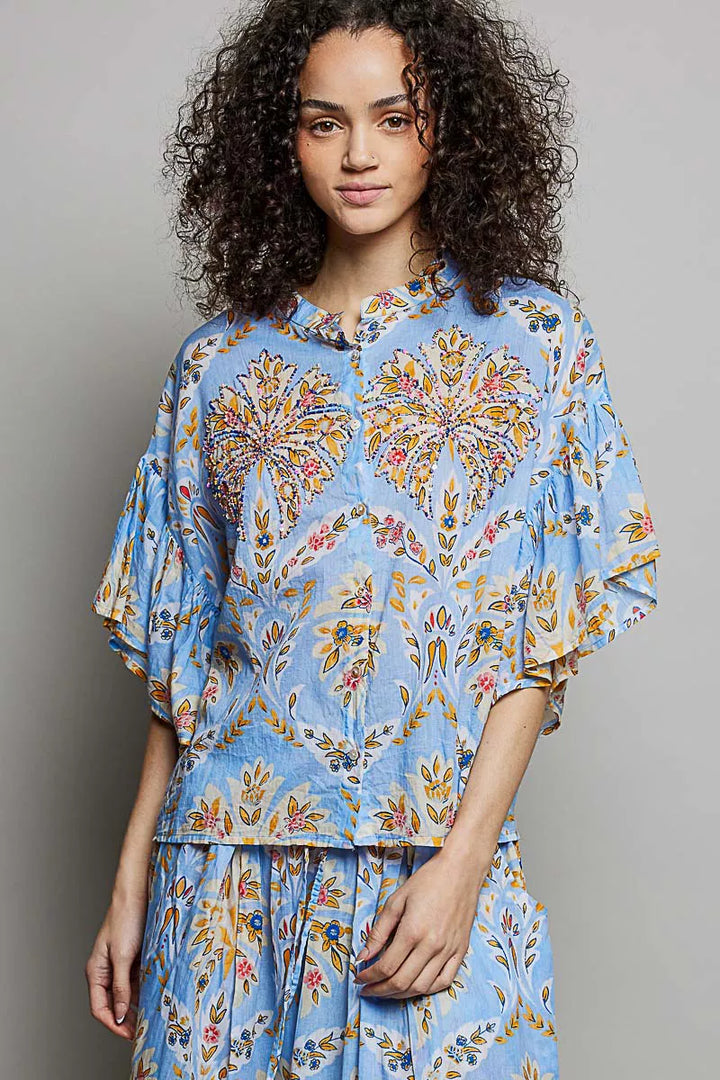 BLUE MULTI Floral print ruffle sleeve woven button-front top
