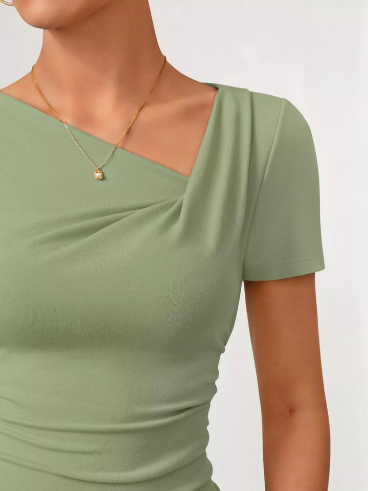 Asymmetrical neckline fitted tee with side ruching