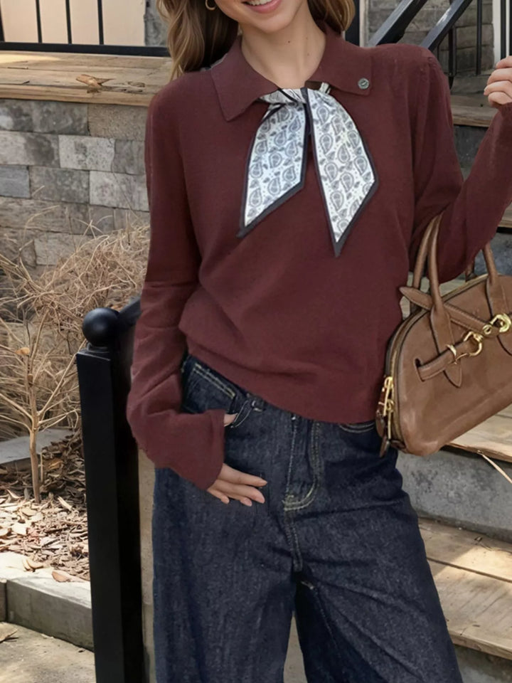 Burgundy Scarf-tie collared long sleeve knit sweater