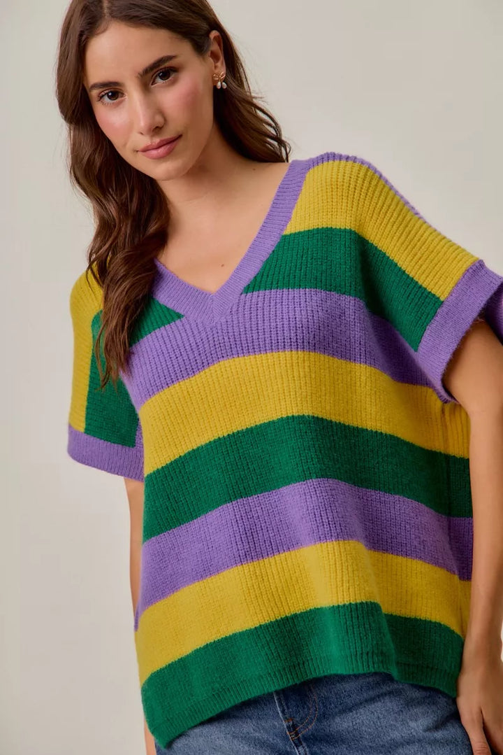 Ribbed striped V-neck short sleeve sweater top