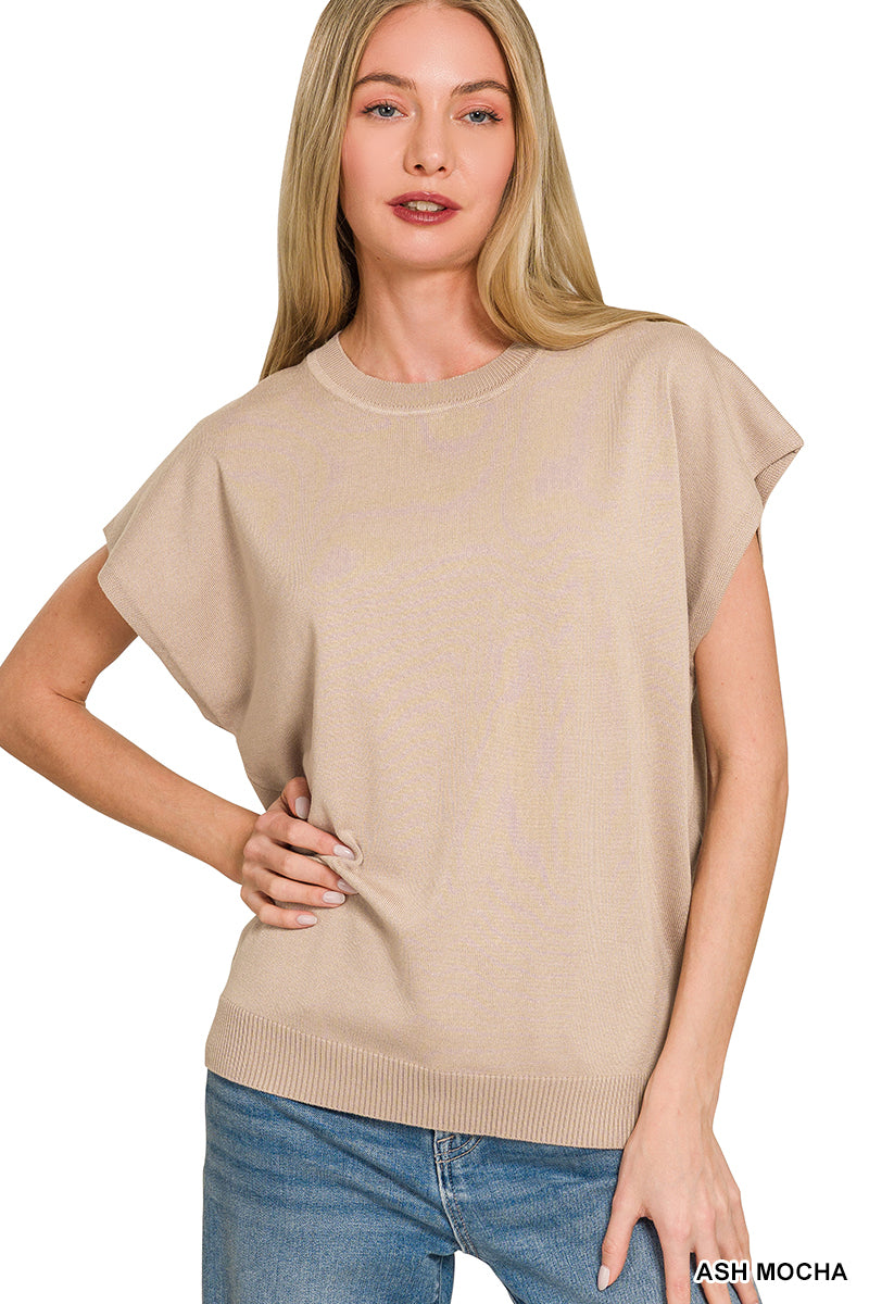 Ribbed crew neck short sleeve knit sweater top