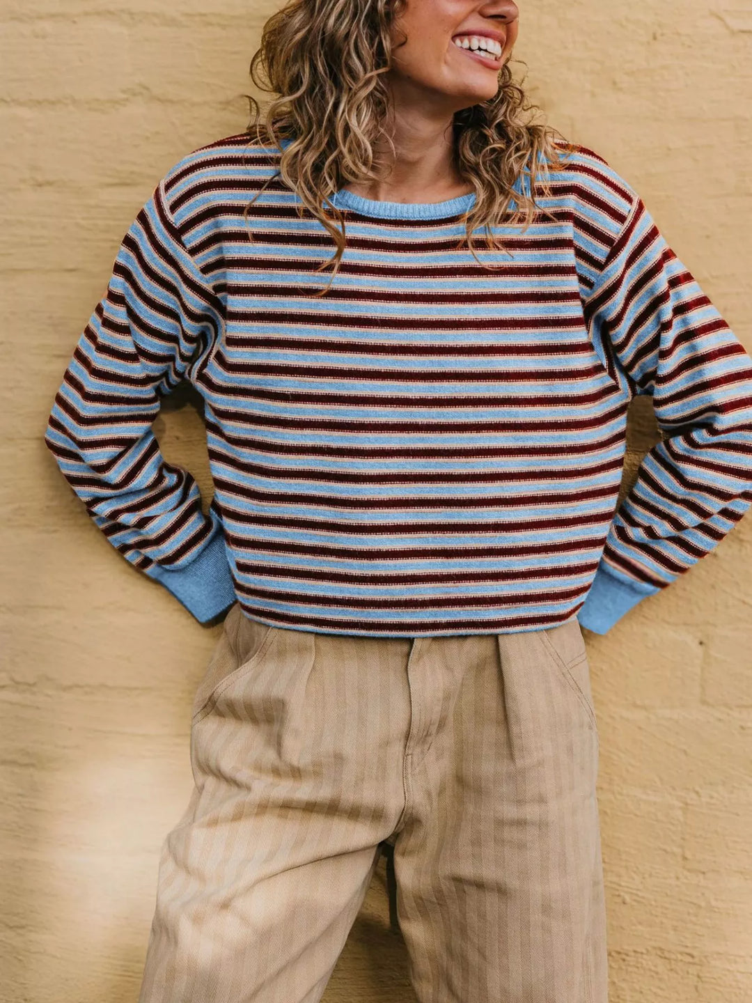 Blue Striped ribbed knit crew neck sweater with drop shoulders