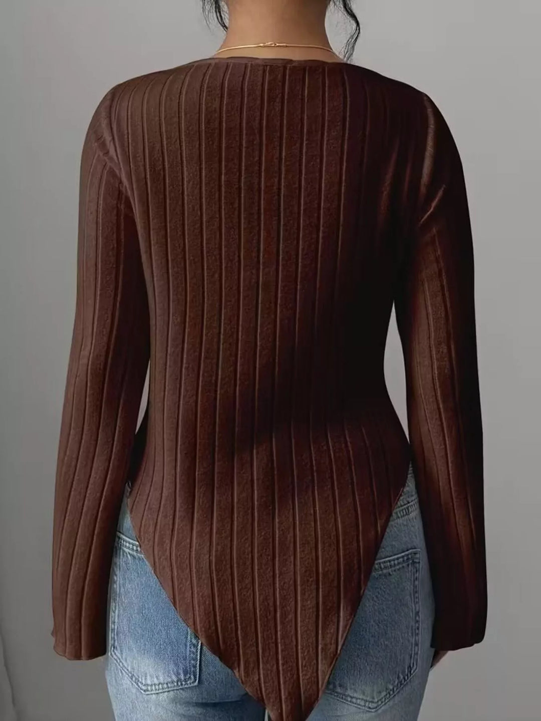 Ribbed knit cowl neck top with asymmetric hem and flared sleeves