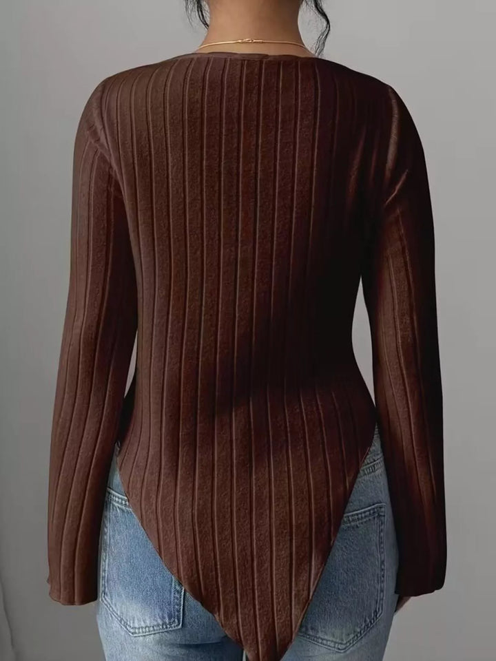Ribbed knit cowl neck top with asymmetric hem and flared sleeves