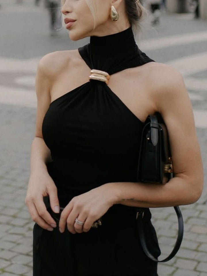 Black Sleeveless turtleneck tank with gold ring cutout detail