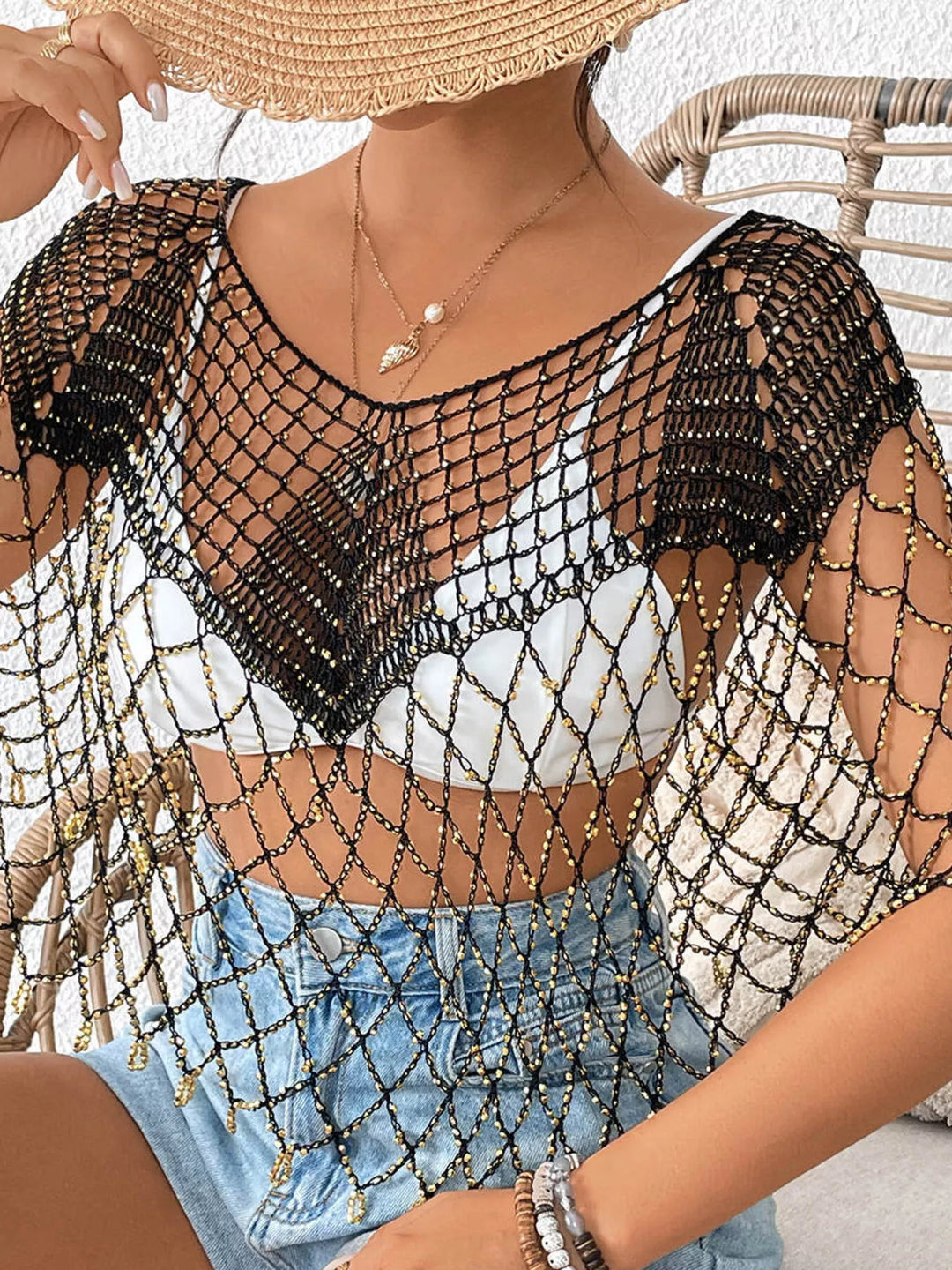 Beaded crochet v-neck open-weave cover-up