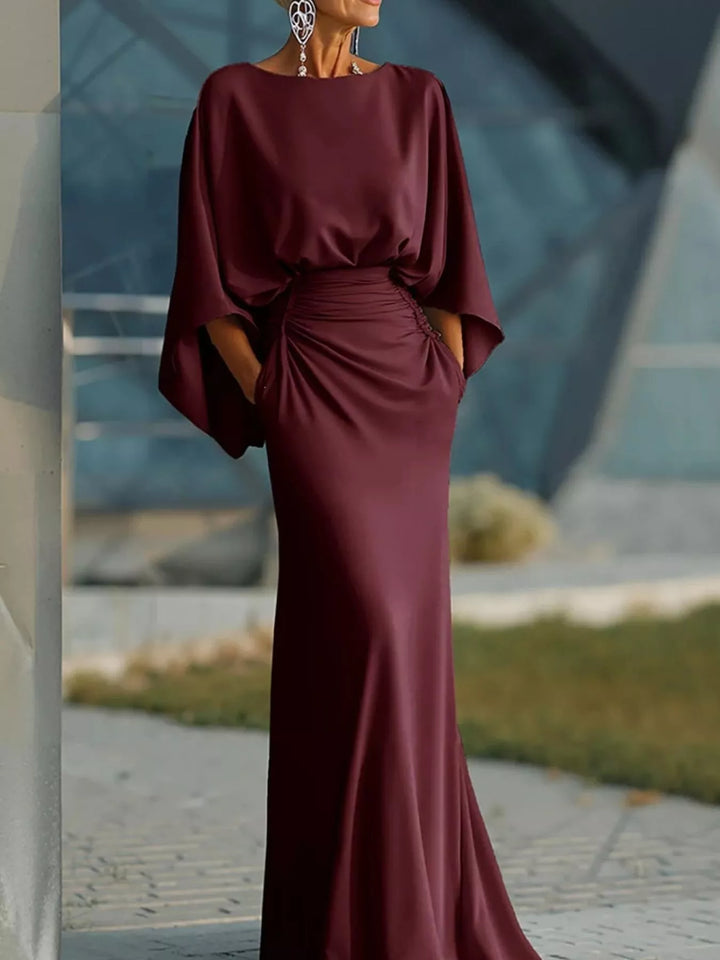 Red Batwing sleeve maxi dress with ruched waist and pockets
