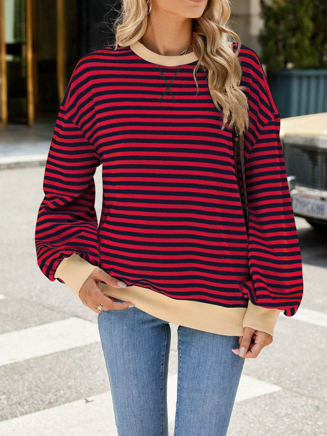Striped crew neck sweatshirt with contrast ribbed trim