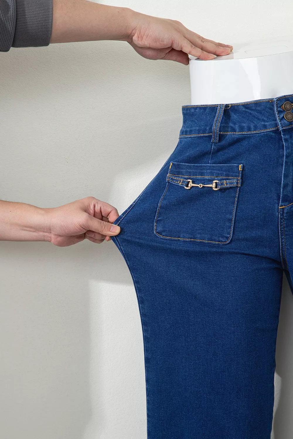 Wide leg jeans with gold bit hardware patch pockets