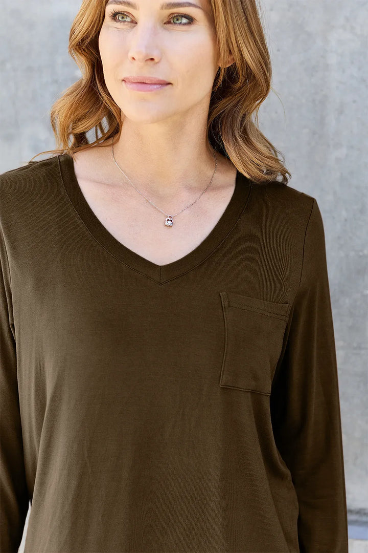 V-neck long sleeve top with chest pocket