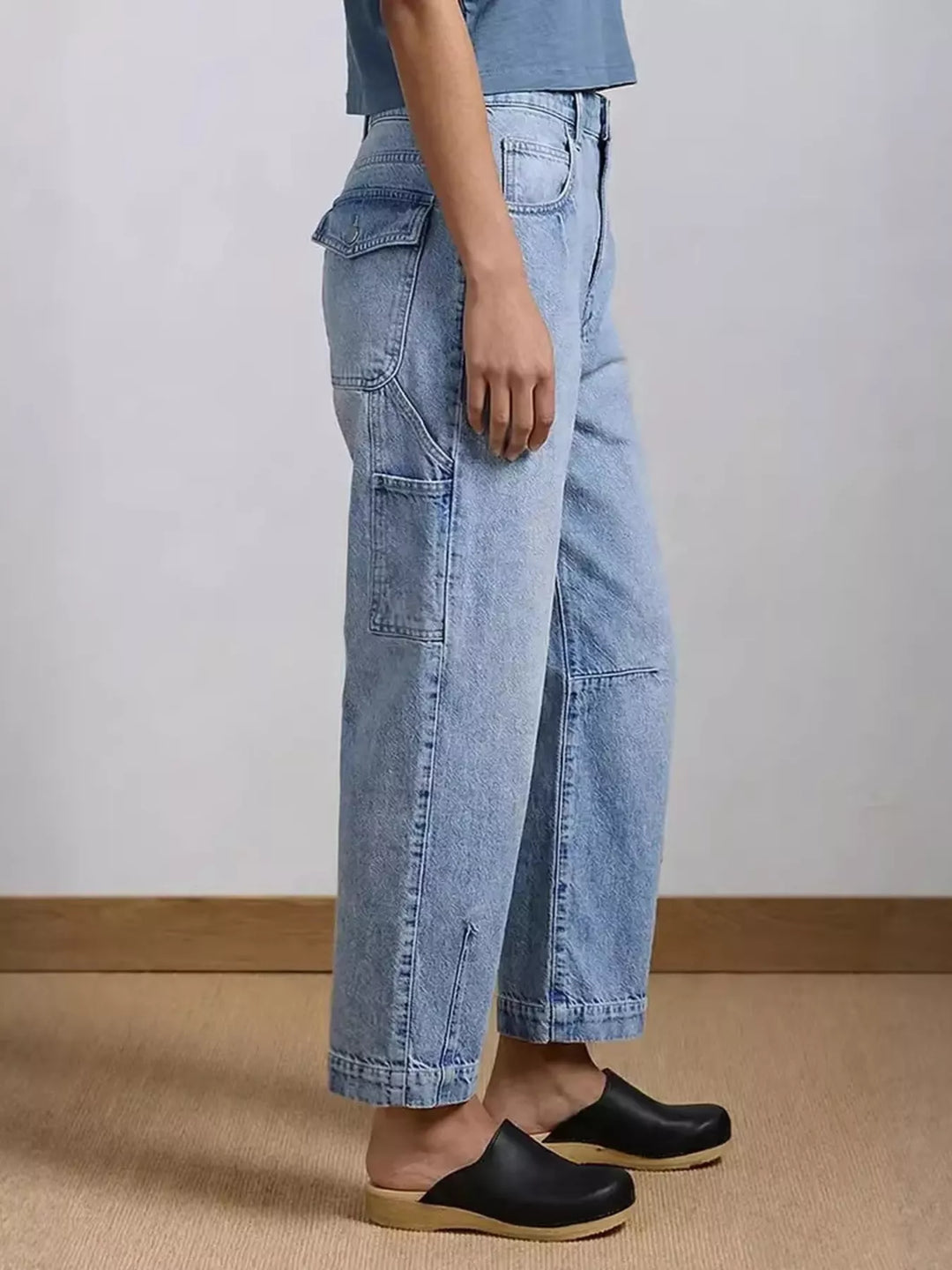Washed wide leg carpenter jeans with seamed knees
