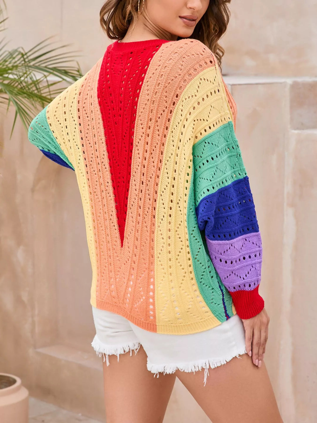 Rainbow color block openwork knit sweater