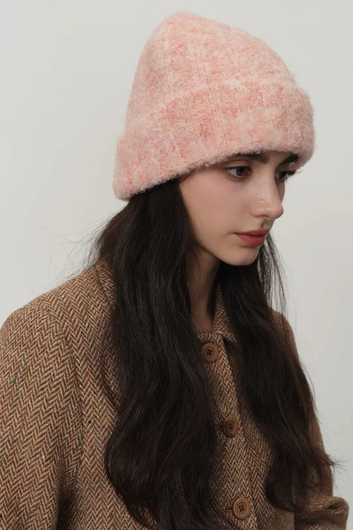 Watermelon pink Fuzzy brushed knit cuffed beanie with slouchy crown