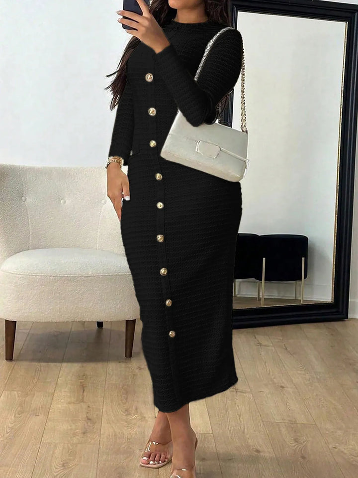 Textured knit button-front long sleeve midi dress