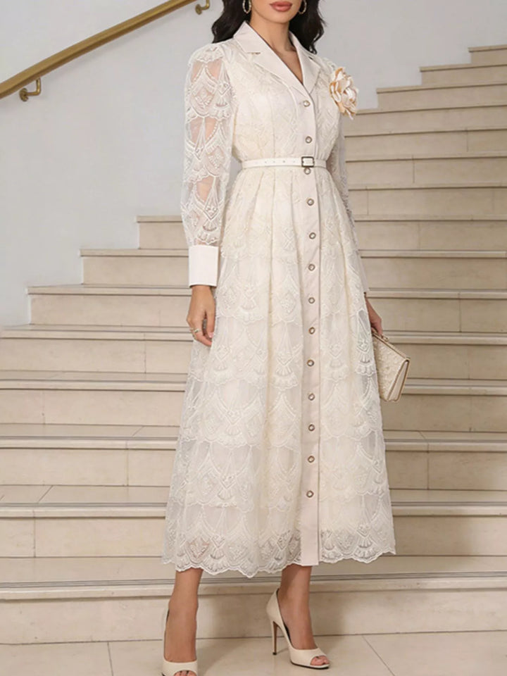 White Belted lace button-front midi dress with notched collar