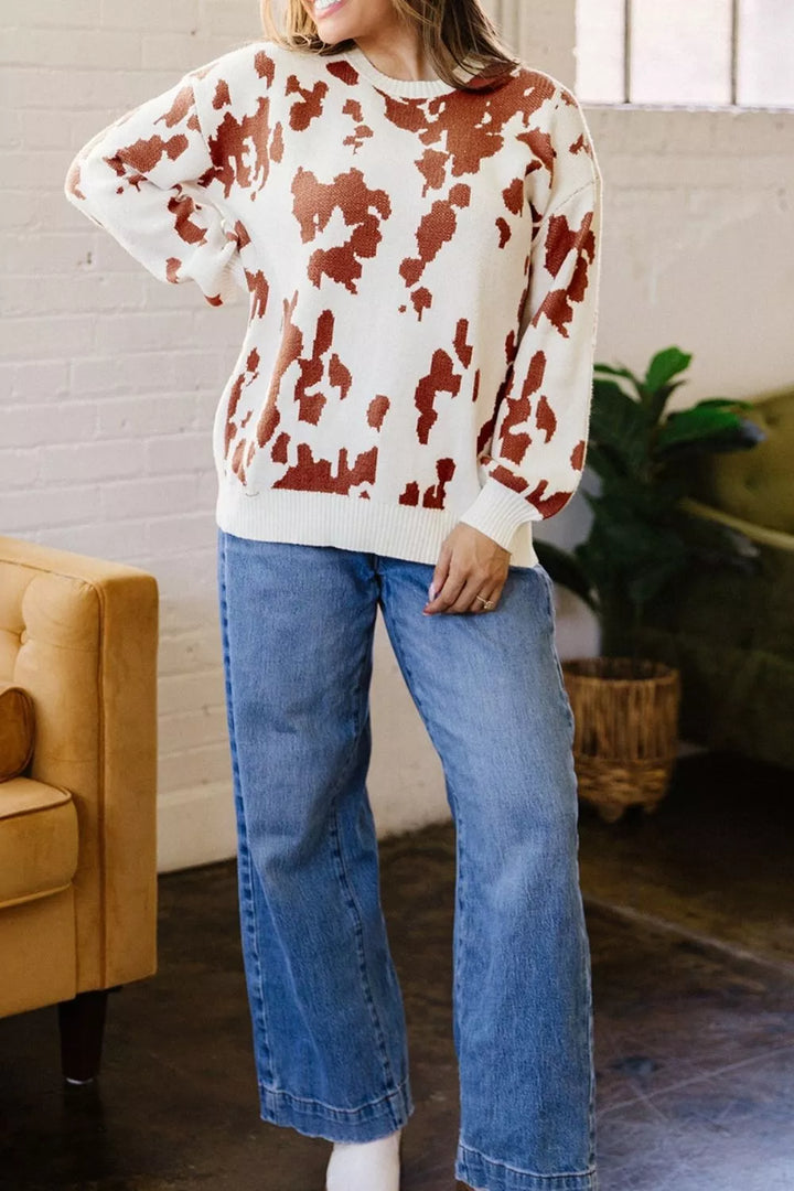 Cow print drop shoulder crewneck sweater