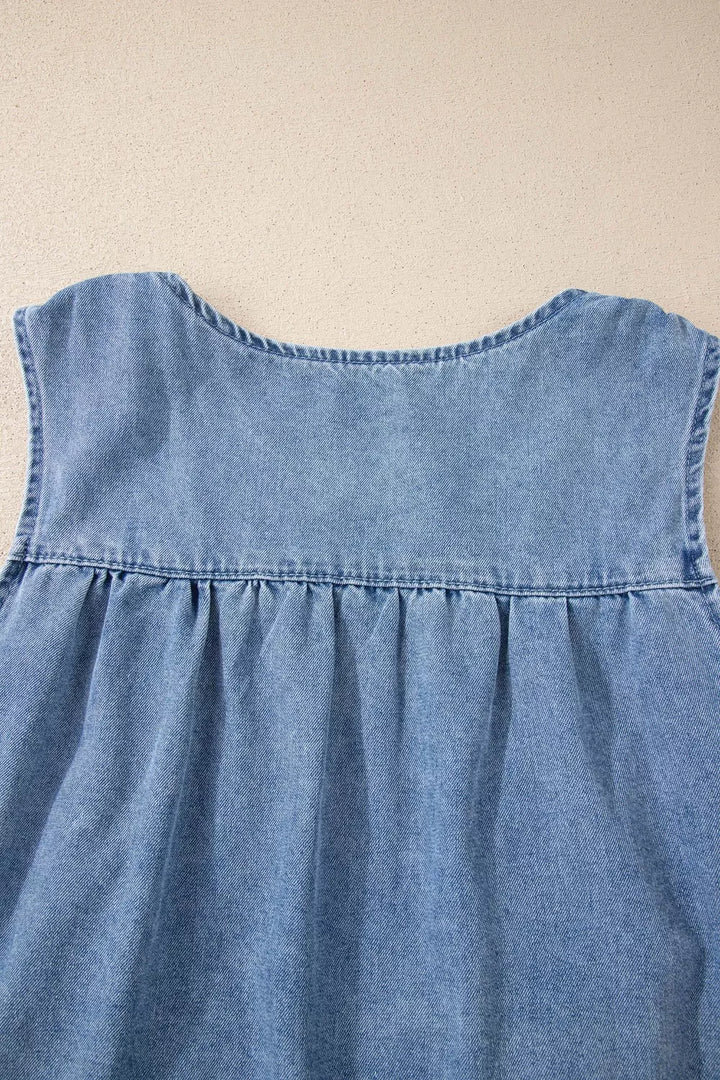 Pleated patchwork sleeveless denim swing top