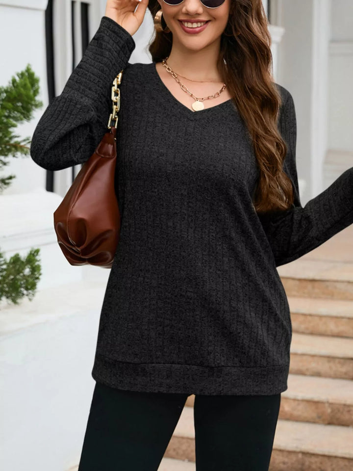 Ribbed knit V-neck long sleeve top with drop shoulders