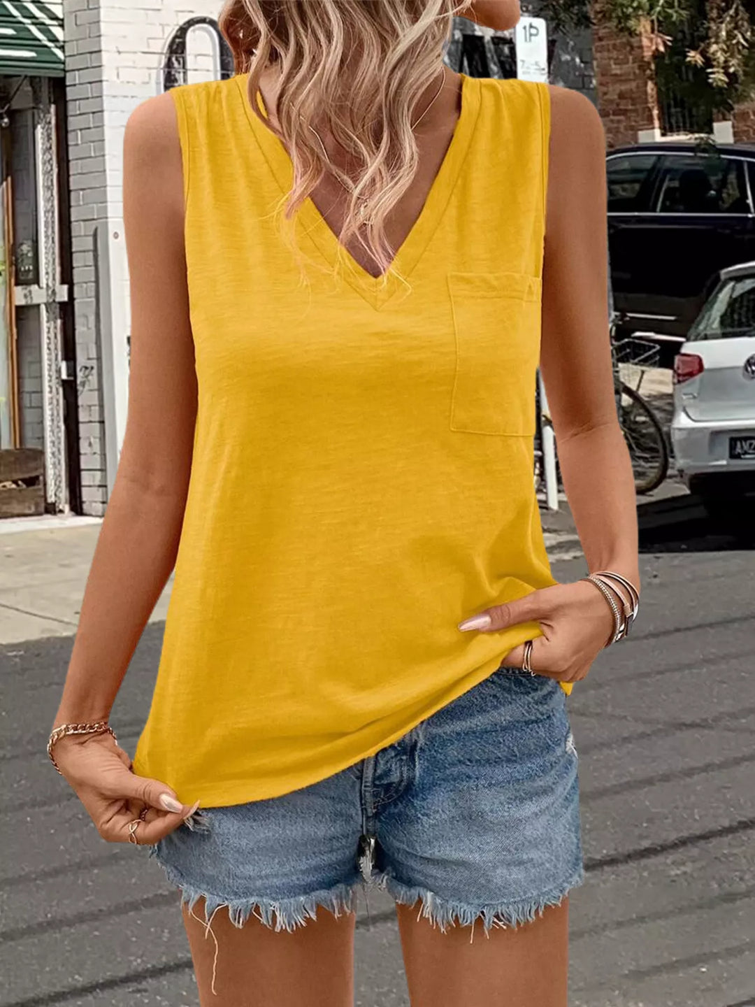 V-neck tank top with chest patch pocket